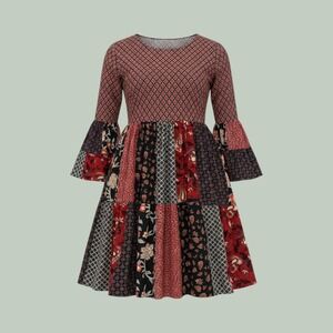 Handmade Patchwork Boho Mini Dress Red Black Floral Bell Sleeve Tiered M L